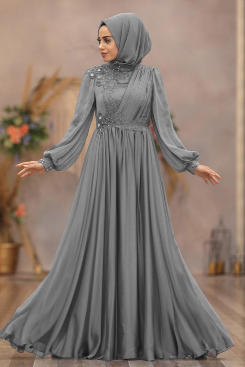 Neva Style Gri Abiye Elbise
