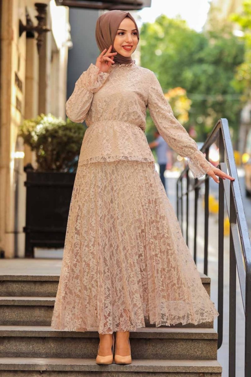 Neva Style Bej Dantelli İkili Takım