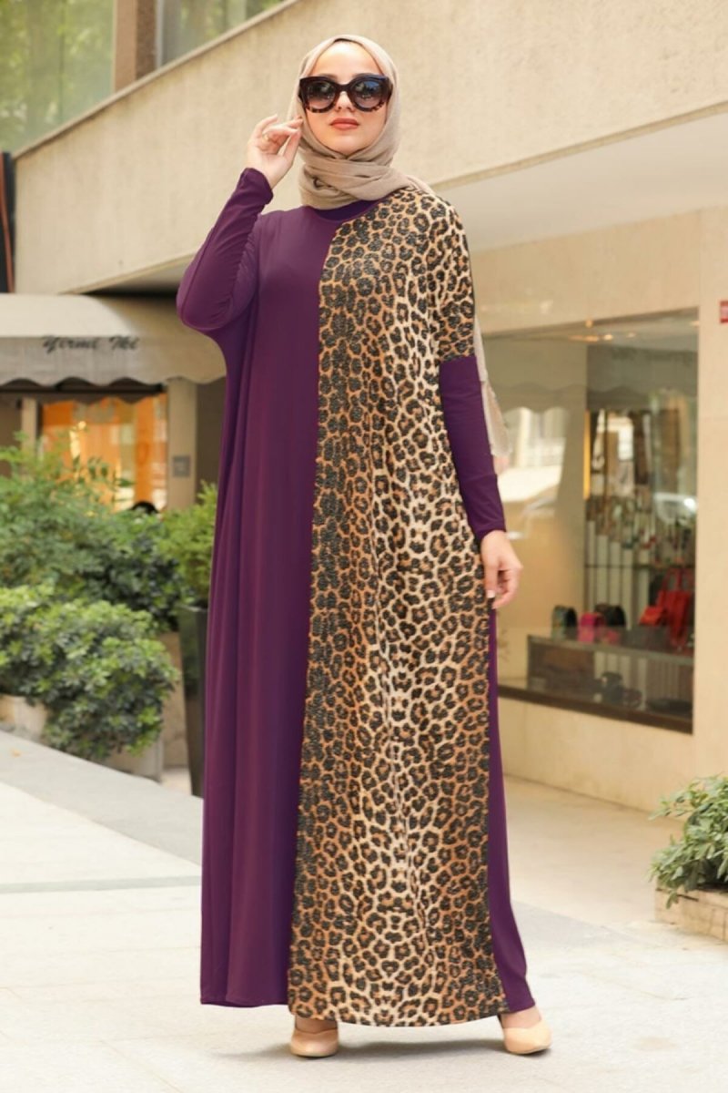 Neva Style Mor Leopar Desenli Elbise