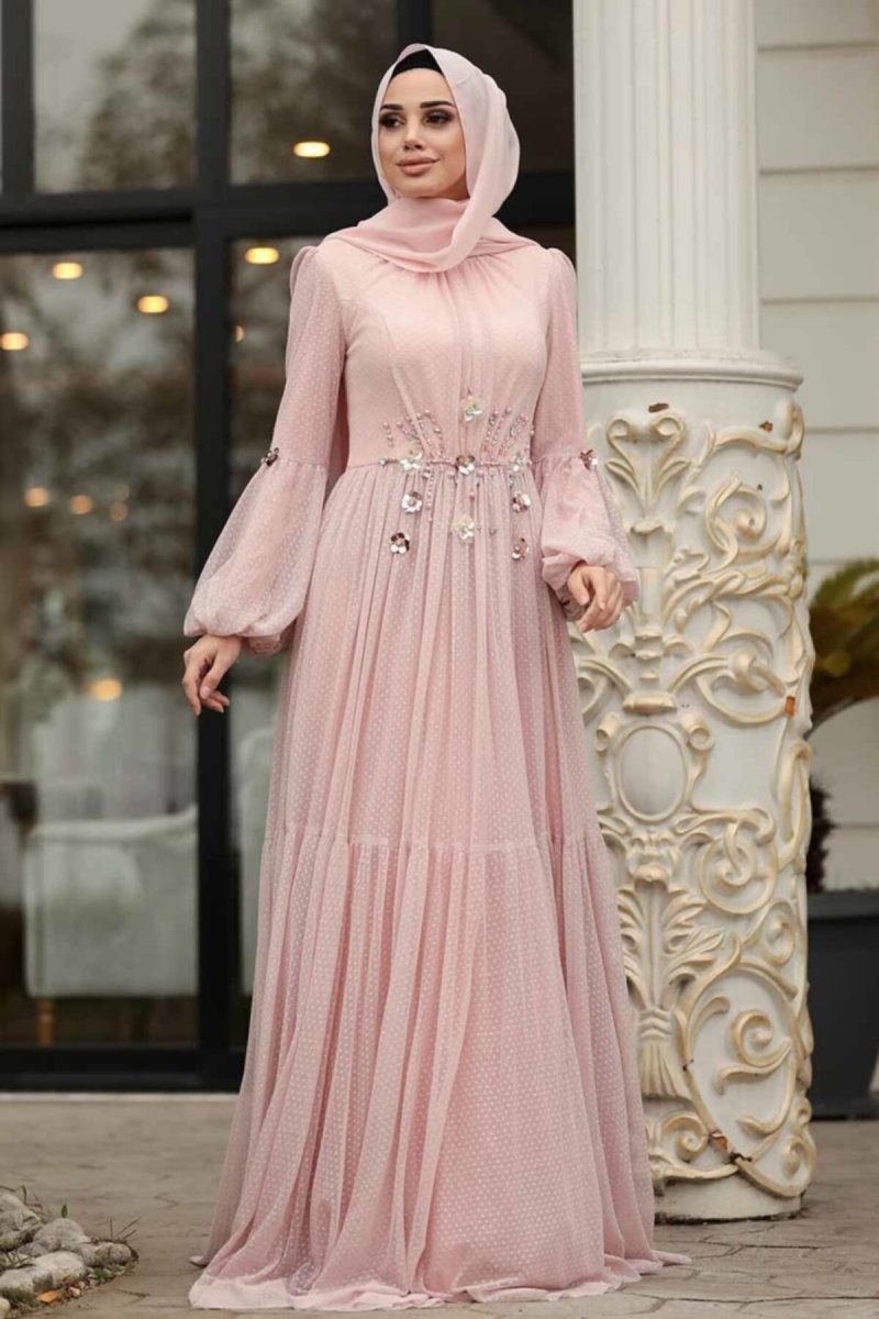 Neva Style Pudra Balon Kollu Abiye Elbise