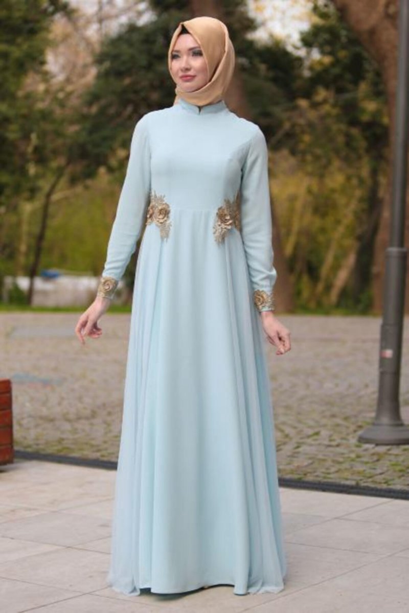 Neva Style Bebek Mavisi Tül Detaylı Abiye Elbise