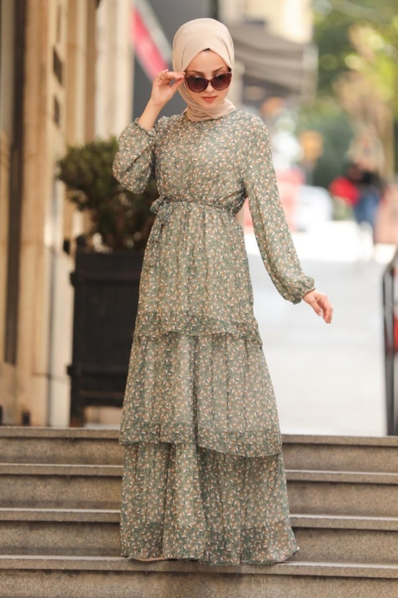 Neva Style Haki Çiçek Desenli Elbise
