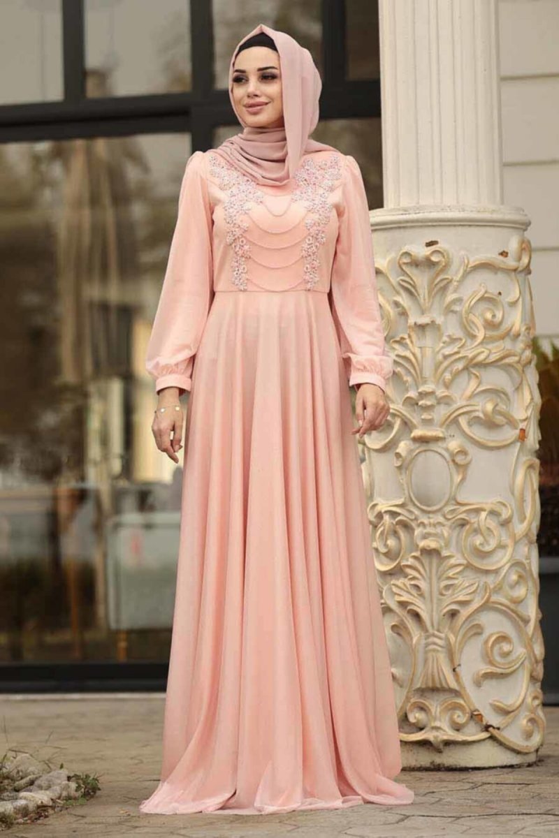 Neva Style Boncuk Detaylı Somon Abiye Elbise