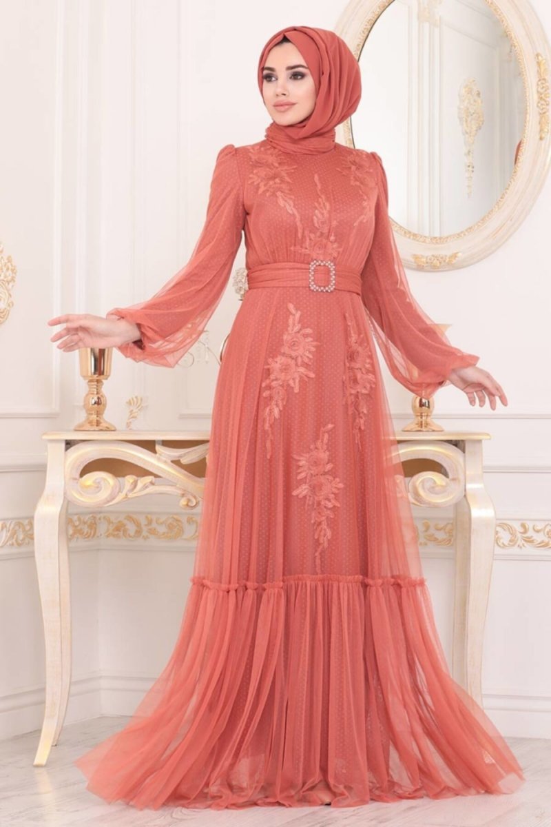 Neva Style Turuncu Dantelli Abiye Elbise