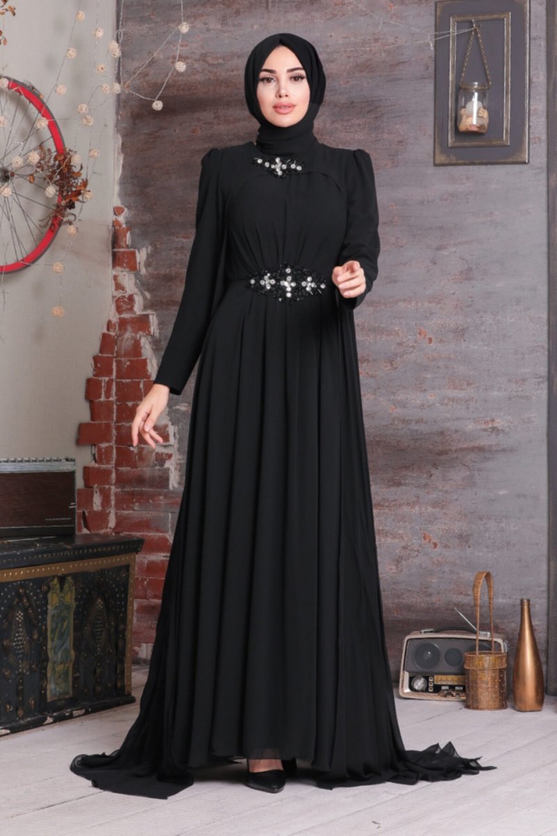 Neva Style Siyah Boncuk Detaylı Abiye Elbise