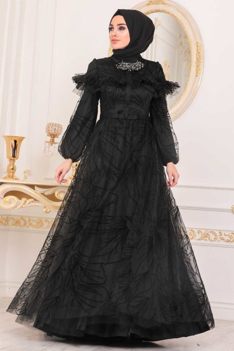Neva Style Siyah Desenli Abiye Elbise