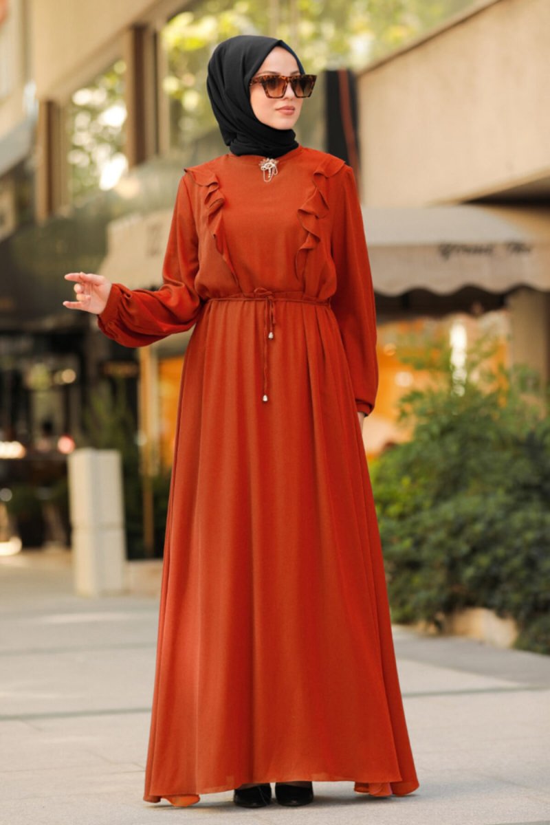 Neva Style Kiremit Fırfır Detaylı Elbise