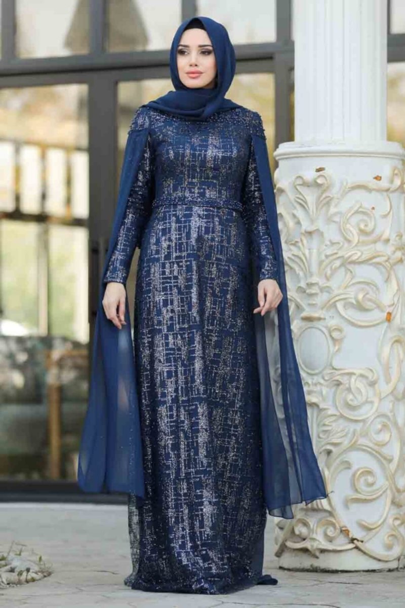 Neva Style Lacivert Boncuk Detaylı Abiye Elbise