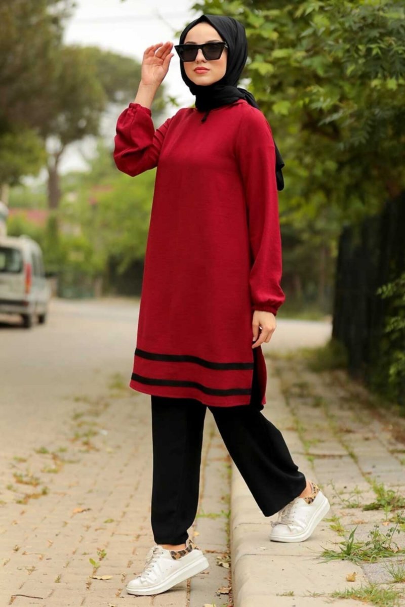 Neva Style Bordo Çizgili İkili Takım