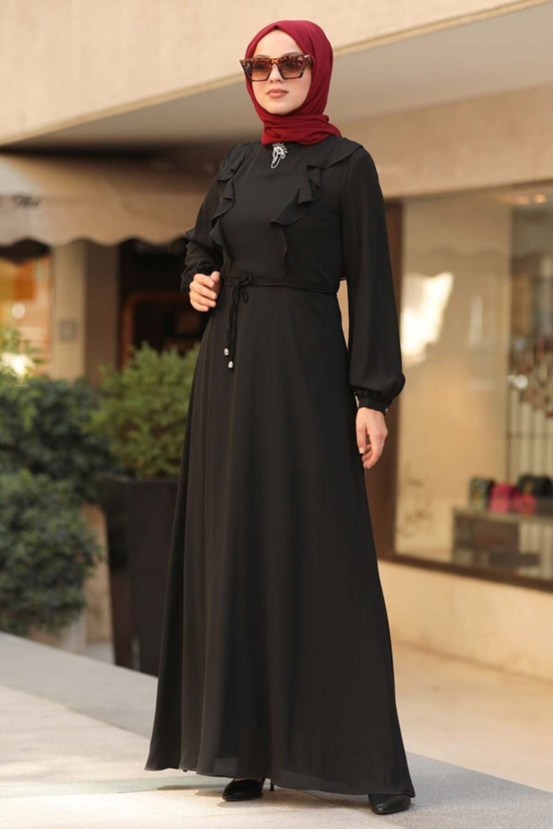 Neva Style Siyah Fırfır Detaylı Elbise