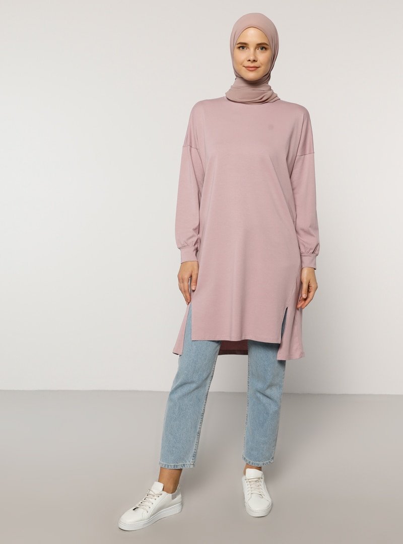 Everyday Basic Pembe Derin Doğal Kumaşlı Yırtmaç Detaylı Basic Tunik