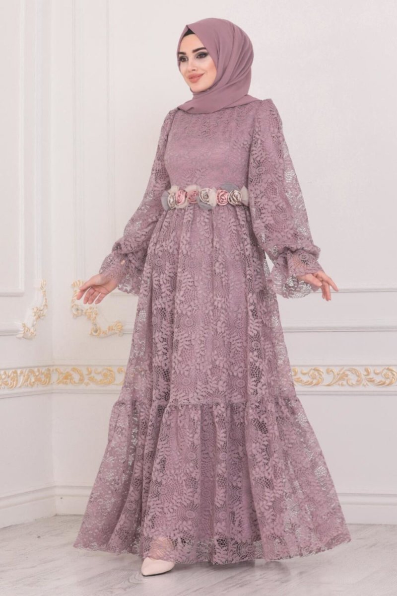 Neva Style Lila Dantel İşlemeli Abiye Elbise