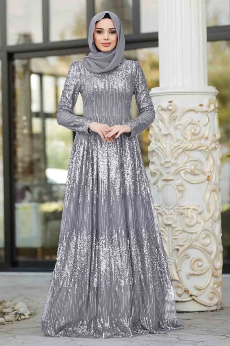 Neva Style Gri Simli Payetli Abiye Elbise