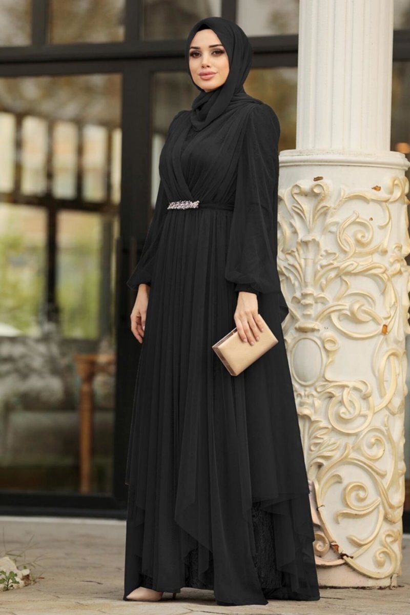 Neva Style Siyah Tüllü Abiye Elbise