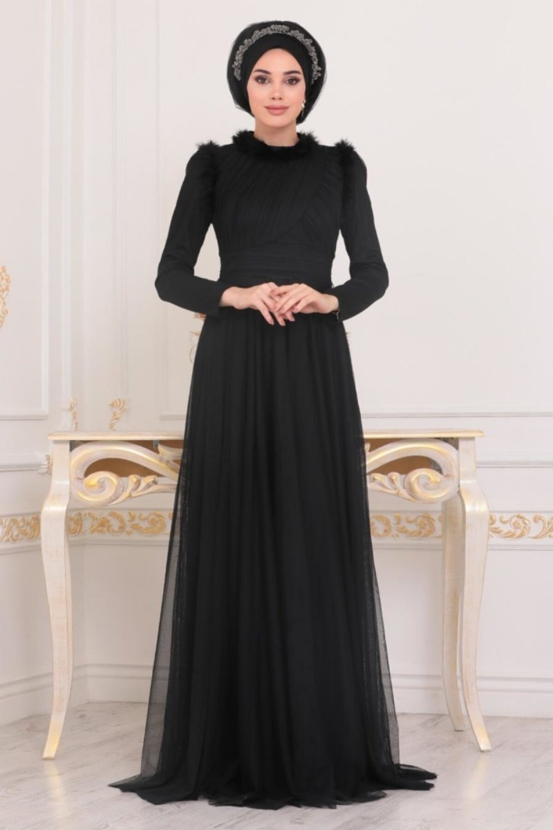 Neva Style Siyah Püskül Detaylı Abiye Elbise