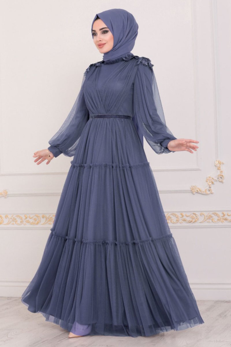 Neva Style İndigo Mavisi Omuzları Detaylı Abiye Elbise