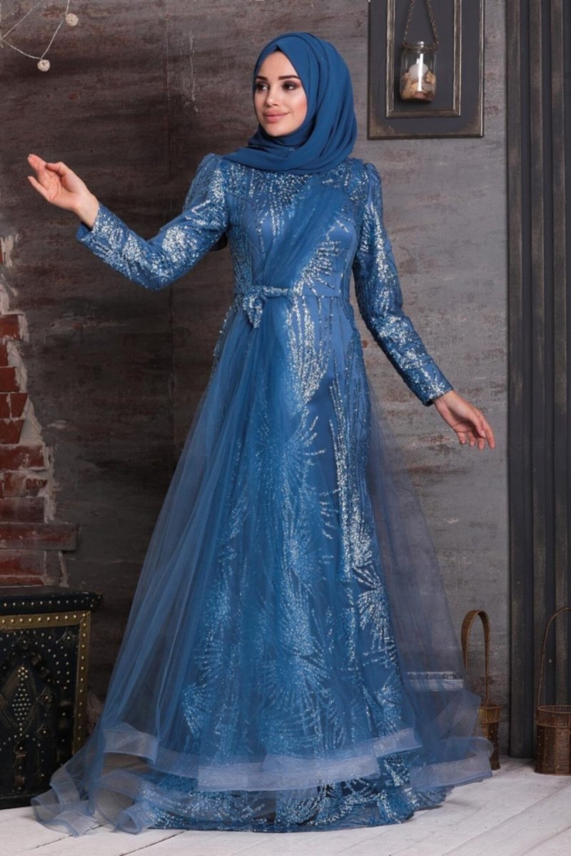 Neva Style Mavi Pul Payetli Abiye Elbise