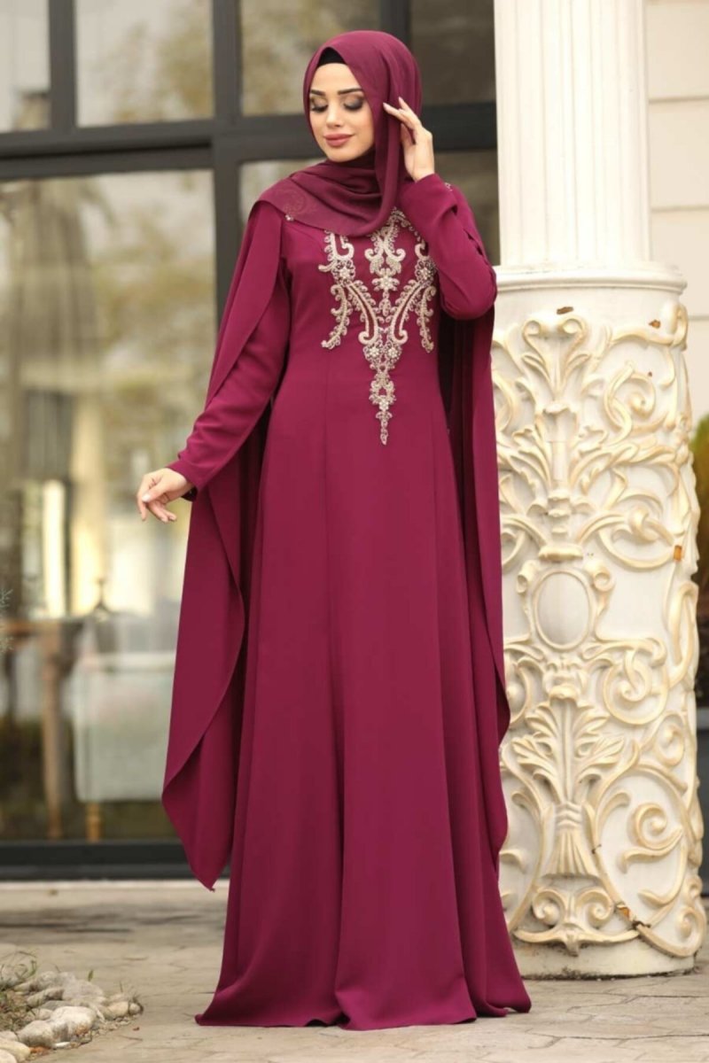 Neva Style Mürdüm Dantel Detaylı Abiye Elbise