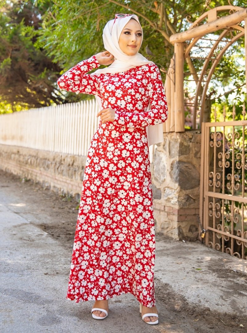 Tofisa Kırmızı Çiçek Desenli Elbise