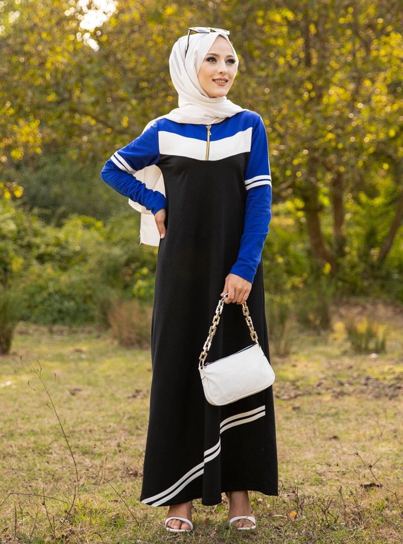 Tofisa Saks Yakası Fermuarlı Elbise