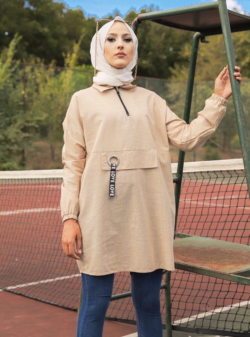 Tofisa Bej Fermuarlı Tunik