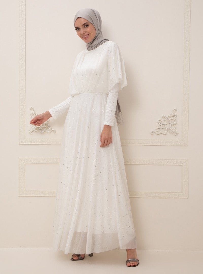 Ziwoman Beyaz Sim Detaylı Abiye Elbise