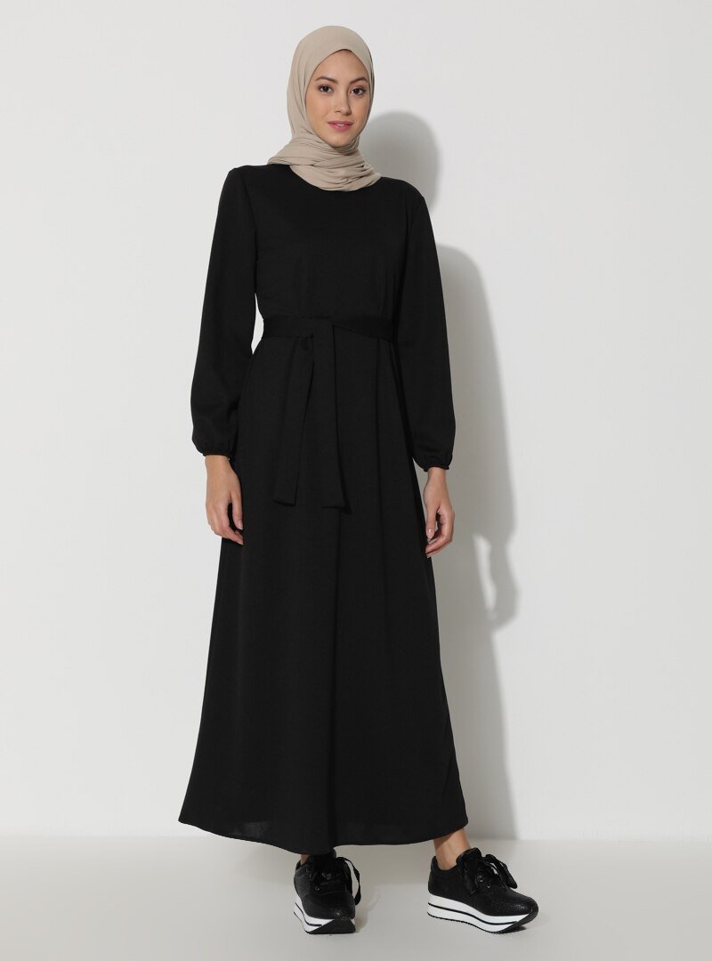 Sevit-Li Siyah Kol Uçları Lastikli Elbise
