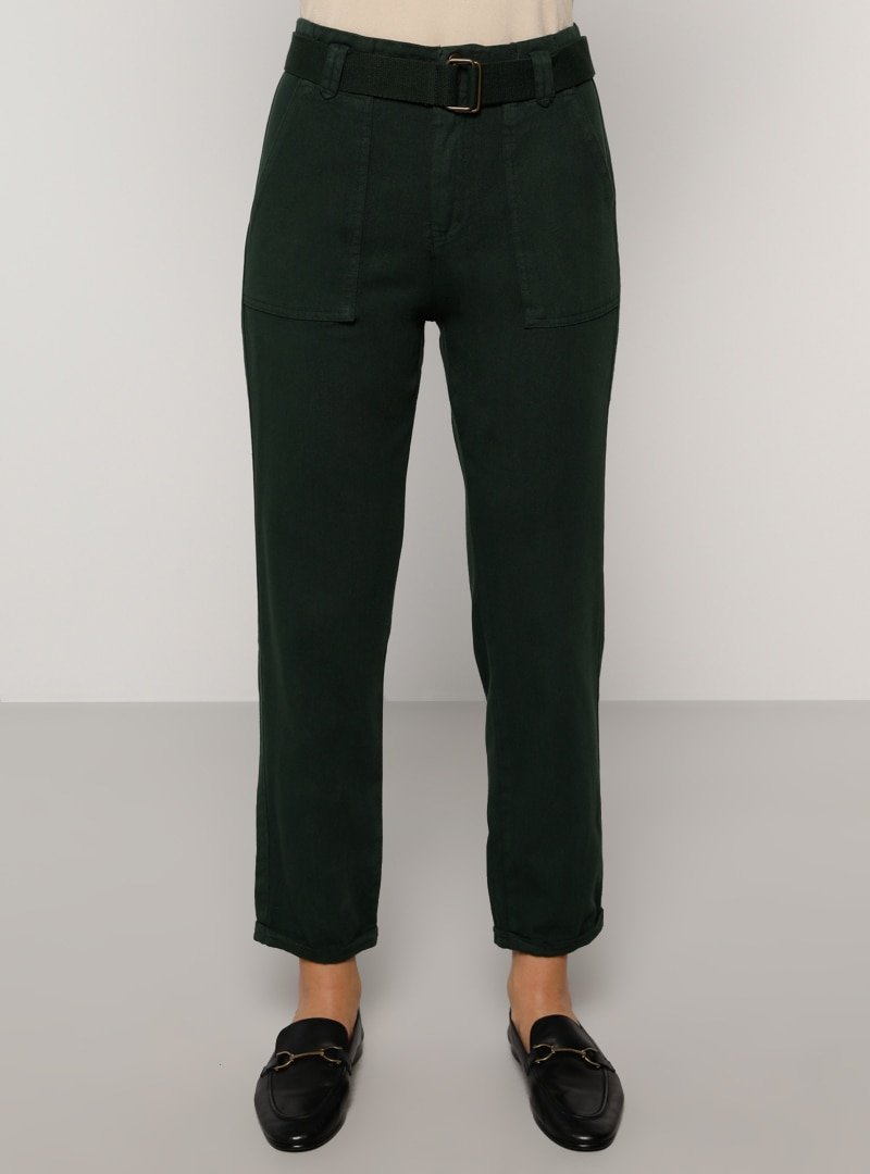 Benin Yeşil Koyu Doğal Kumaşlı Kemerli Pantolon