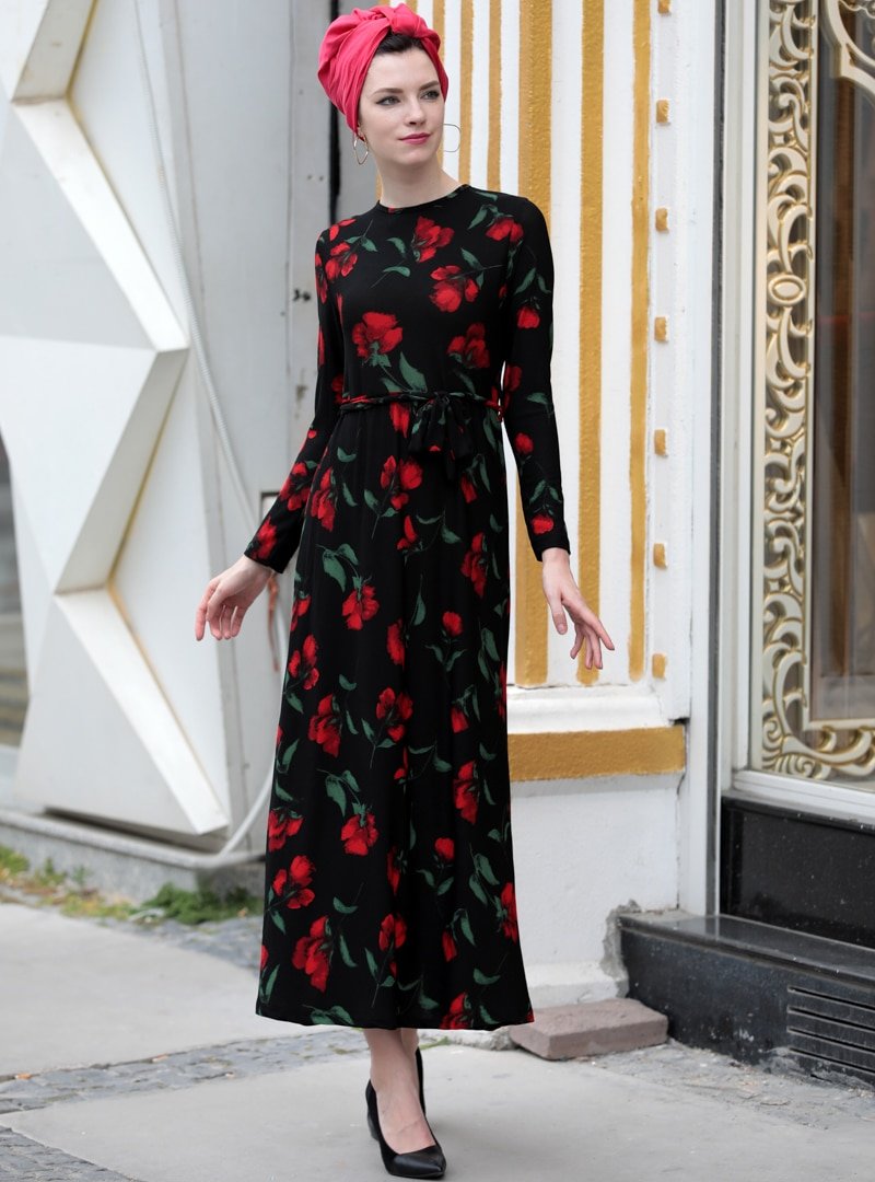 Selma Sarı Design Kırmızı Siyah Lale Elbise