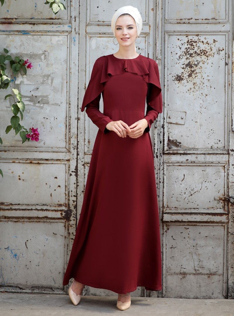 Selma Sarı Design Bordo Omuz Fırfır Detay Elbise