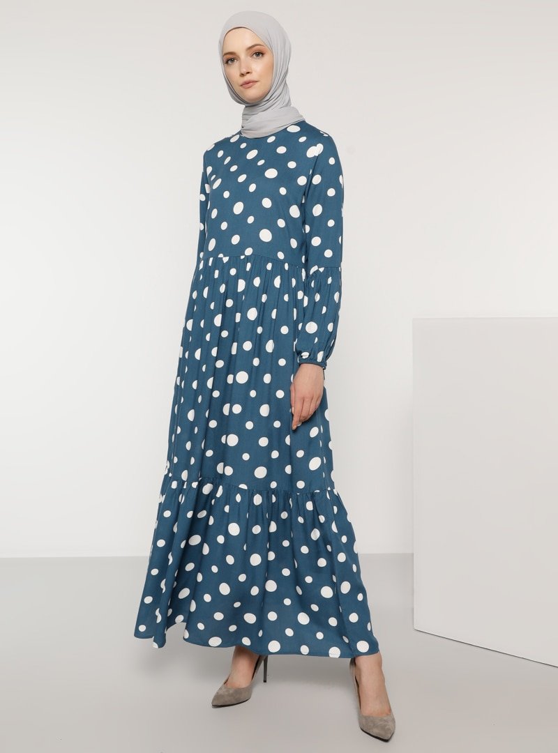 Tavin İndigo Doğal Kumaşlı Puantiye Desenli Elbise