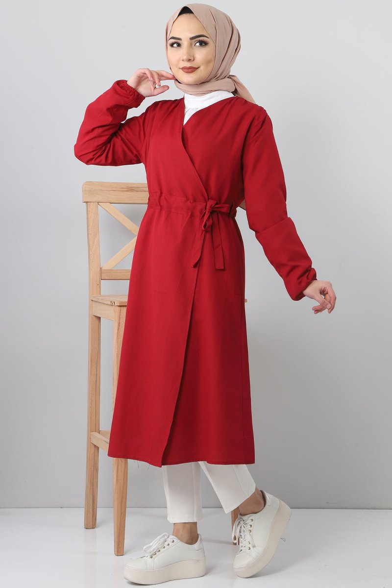 Tesettür Dünyası Bordo Beli Bağcıklı Kap