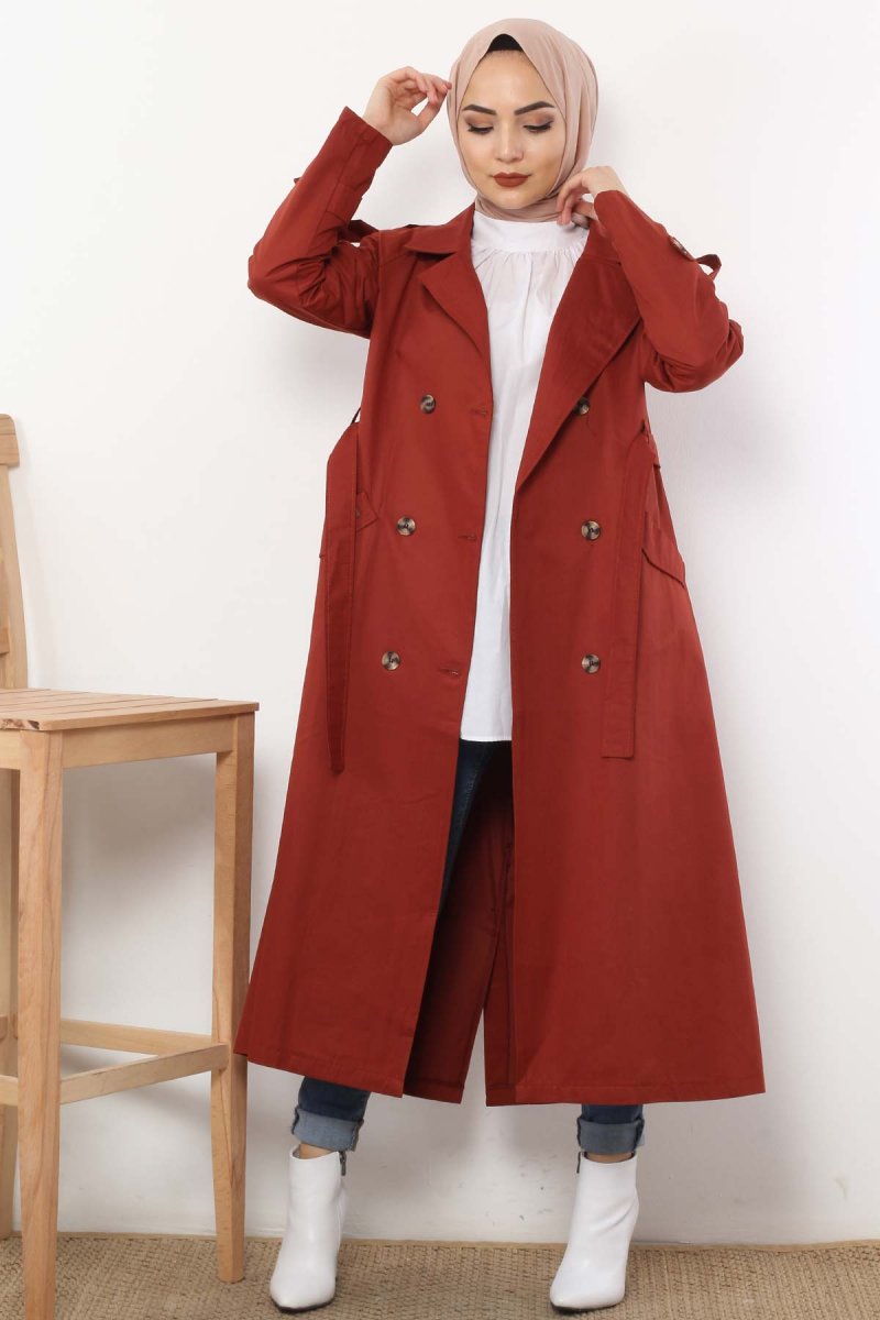 Tesettür Dünyası Kiremit Çift Düğmeli Trençkot