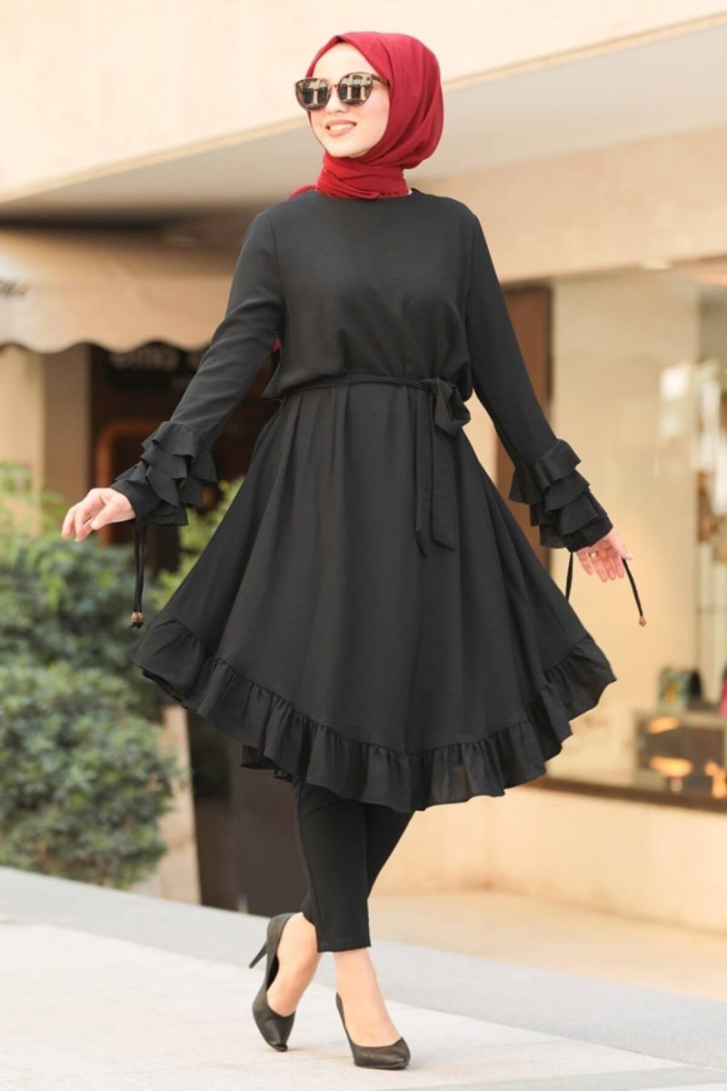Neva Style Siyah Eteği Fırfırlı Tunik