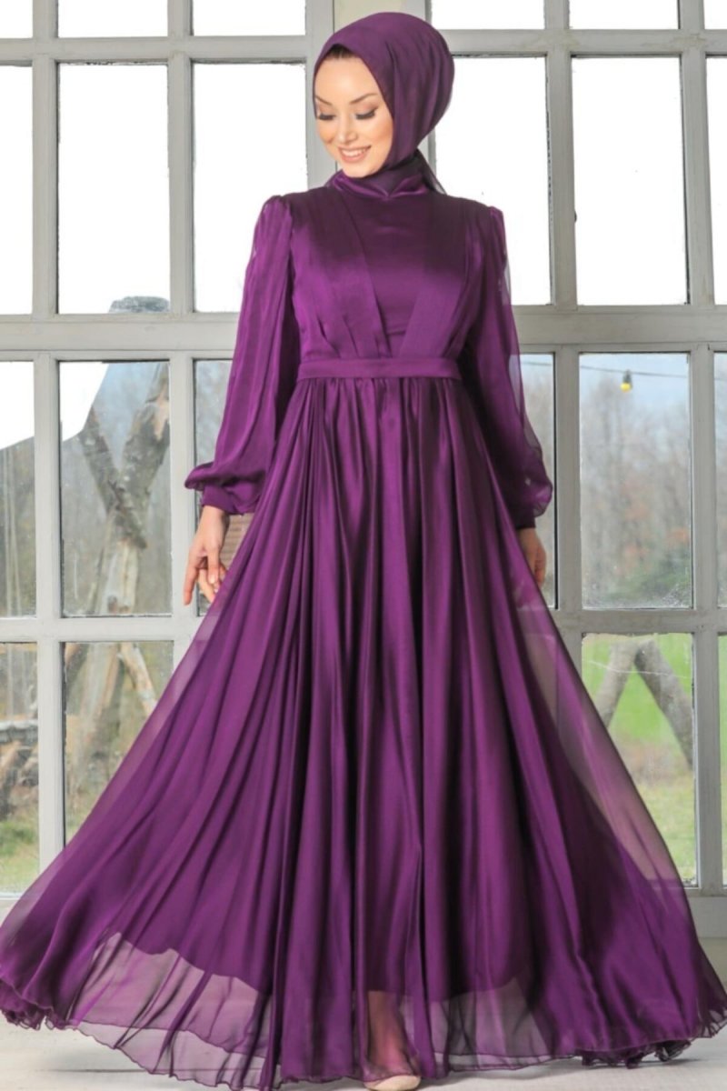 Neva Style Mor Balon Kol Abiye Elbise