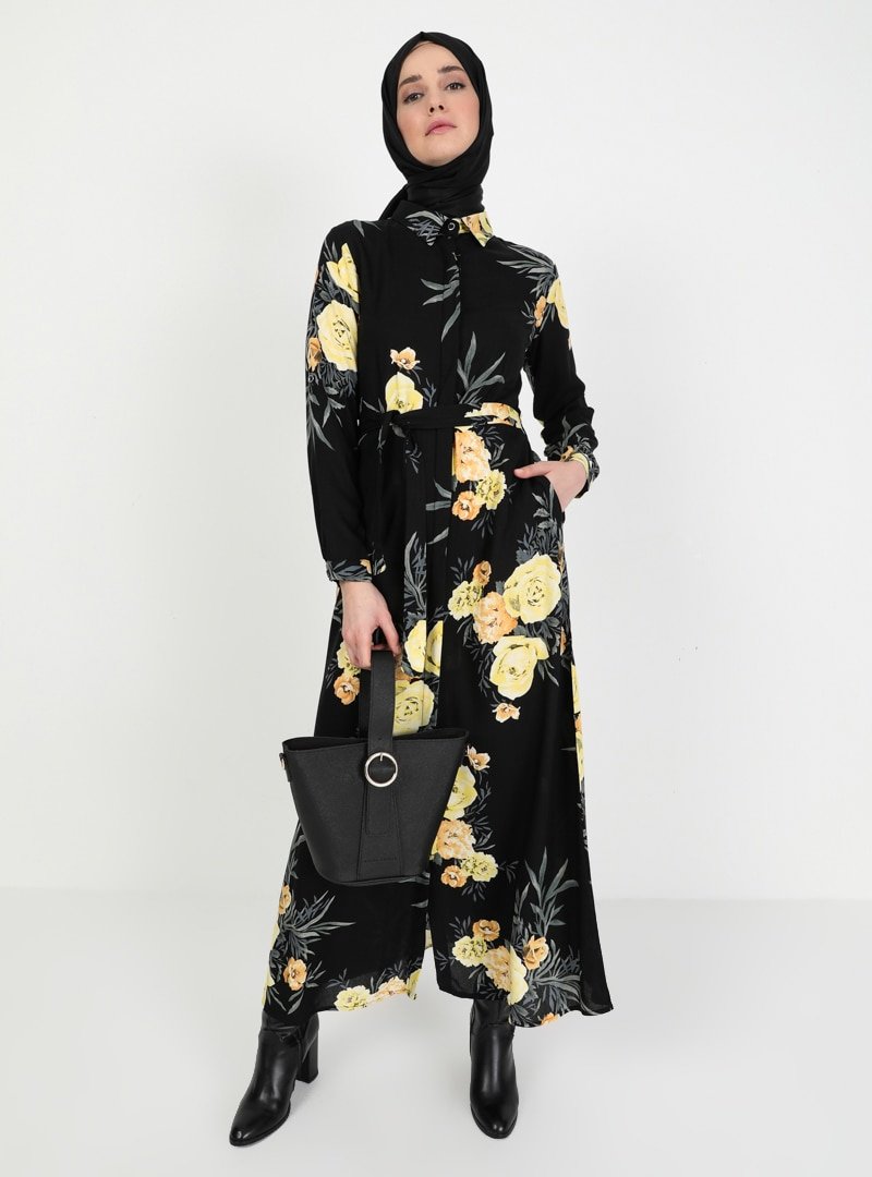 BÜRÜN Siyah Sarı Çiçek Desenli Elbise