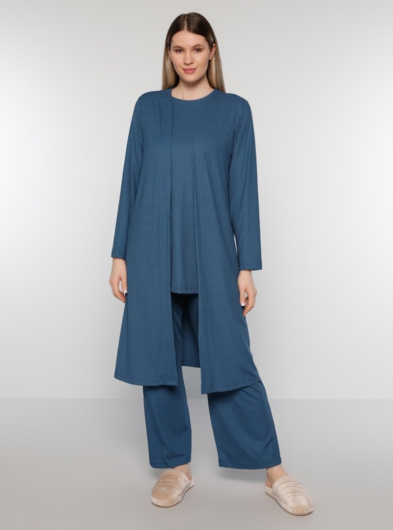Alia Asya Mavi Kolsuz Tunik&Kap&Pantolon Üçlü Takım