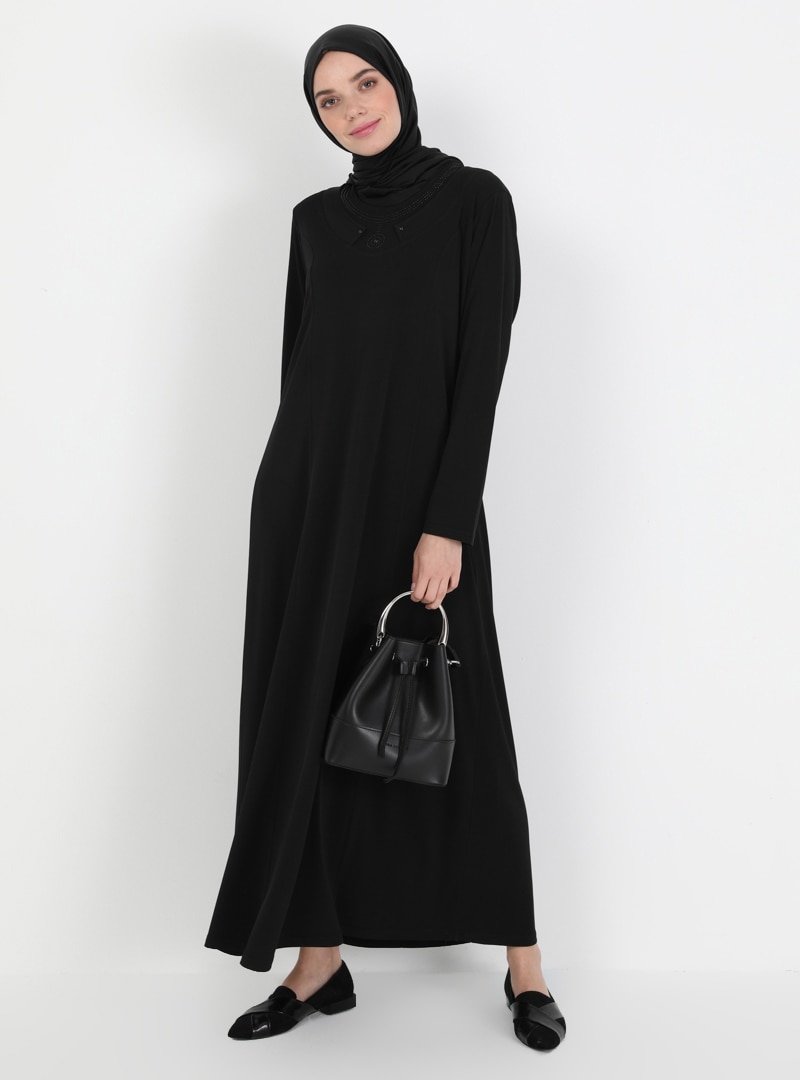 Ferace Siyah Drop Baskı Detaylı Elbise