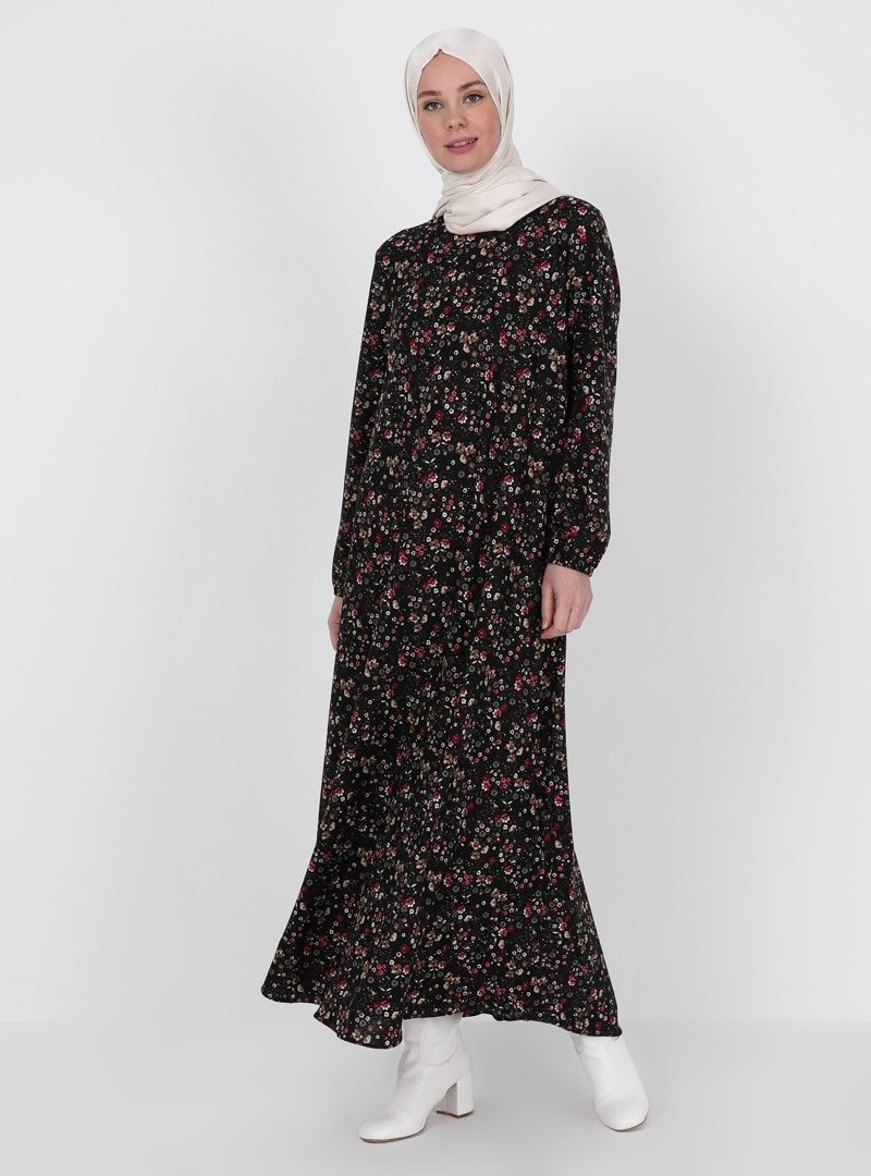 ECESUN Siyah Çiçek Desenli Elbise
