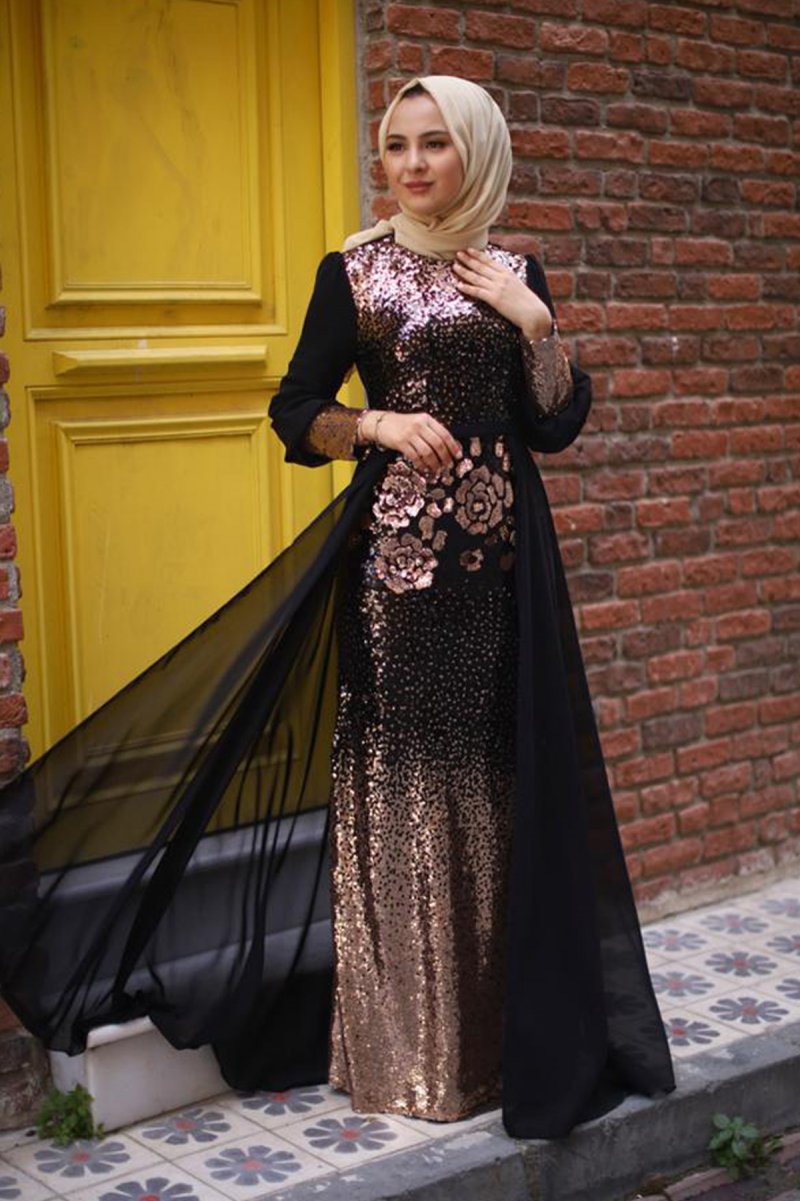MISSVALLE Gold Şifon Detay Pulpayetli Abiye Elbise
