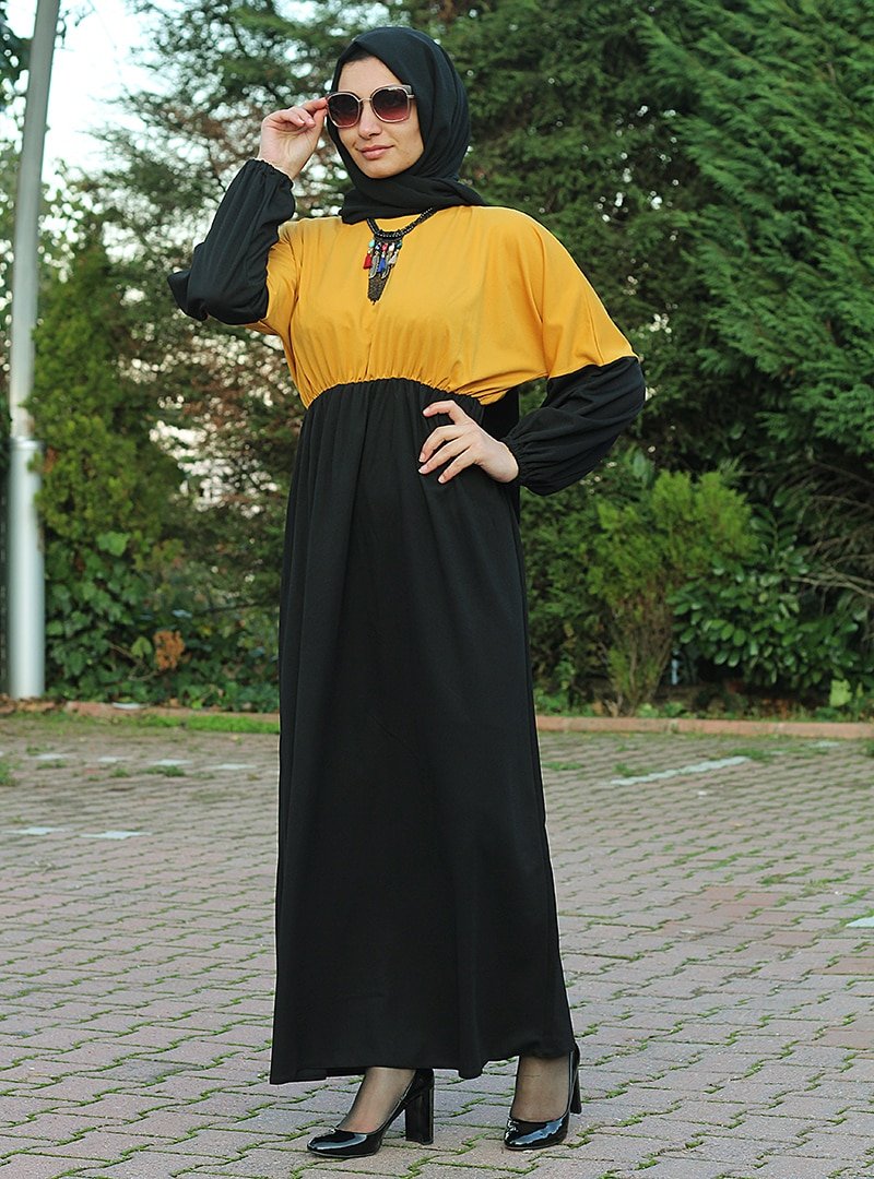 Merve Aydın Siyah Sarı Fırfırlı Beli Büzgülü Elbise