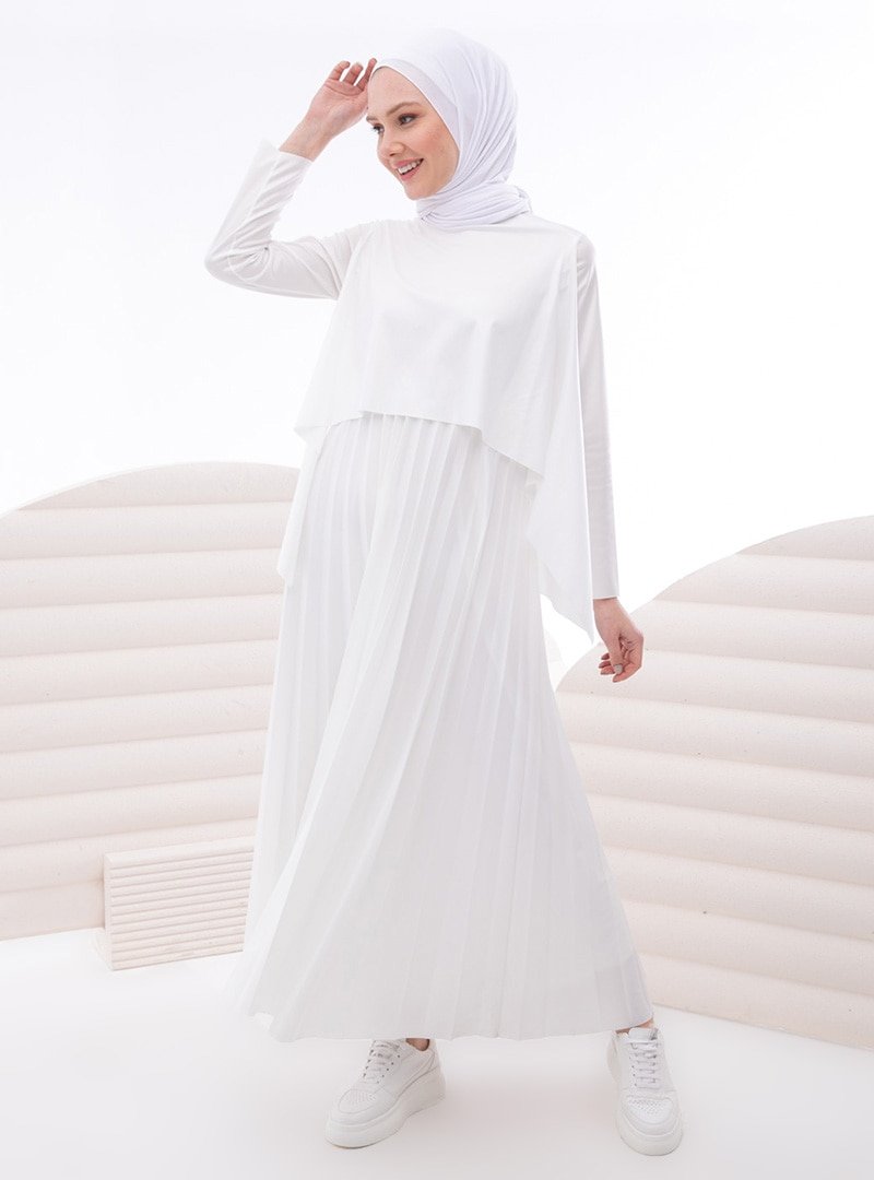 İnşirah Beyaz Pilise Detaylı Elbise