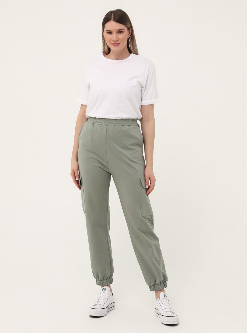 Alia Yağ Yeşili Büyük Beden Cep Detaylı Beli Lastikli Pantolon