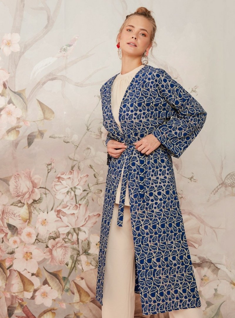 Ceylan Otantik Mavi Desenli Kimono