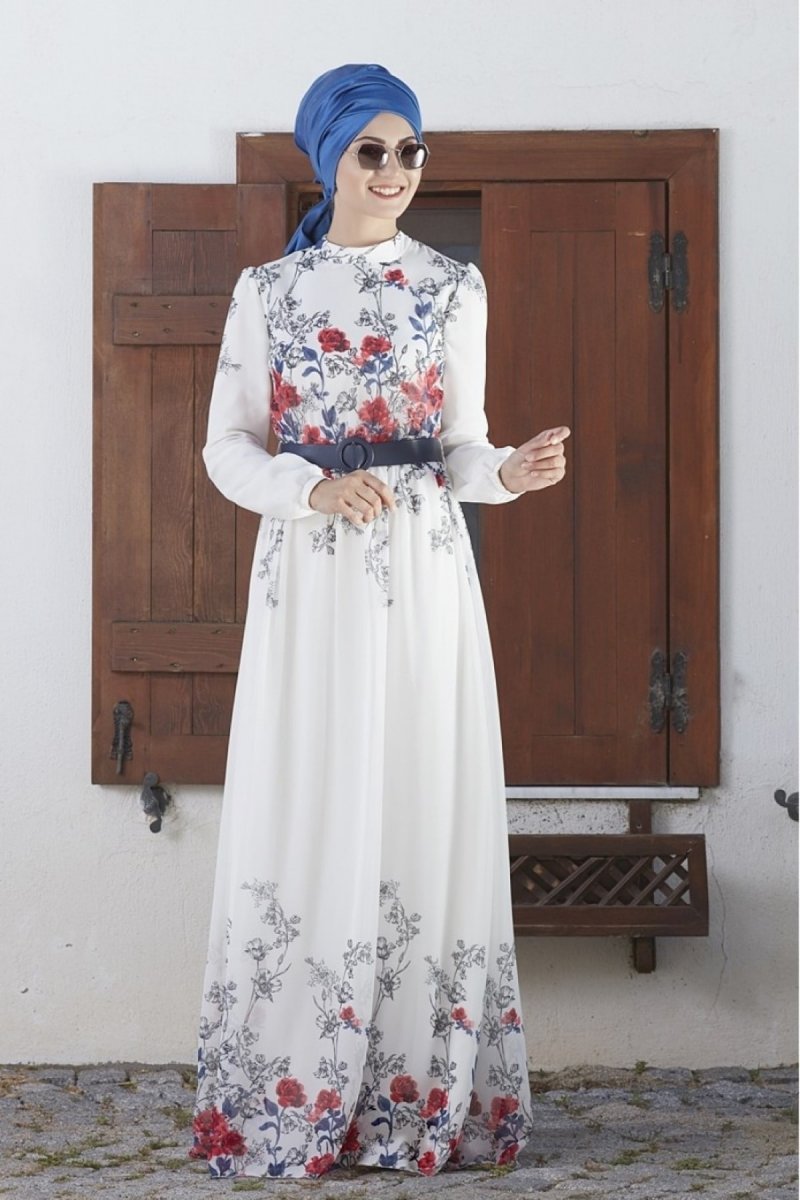 An-Nahar Ekru Çiçek Desenli Elbise
