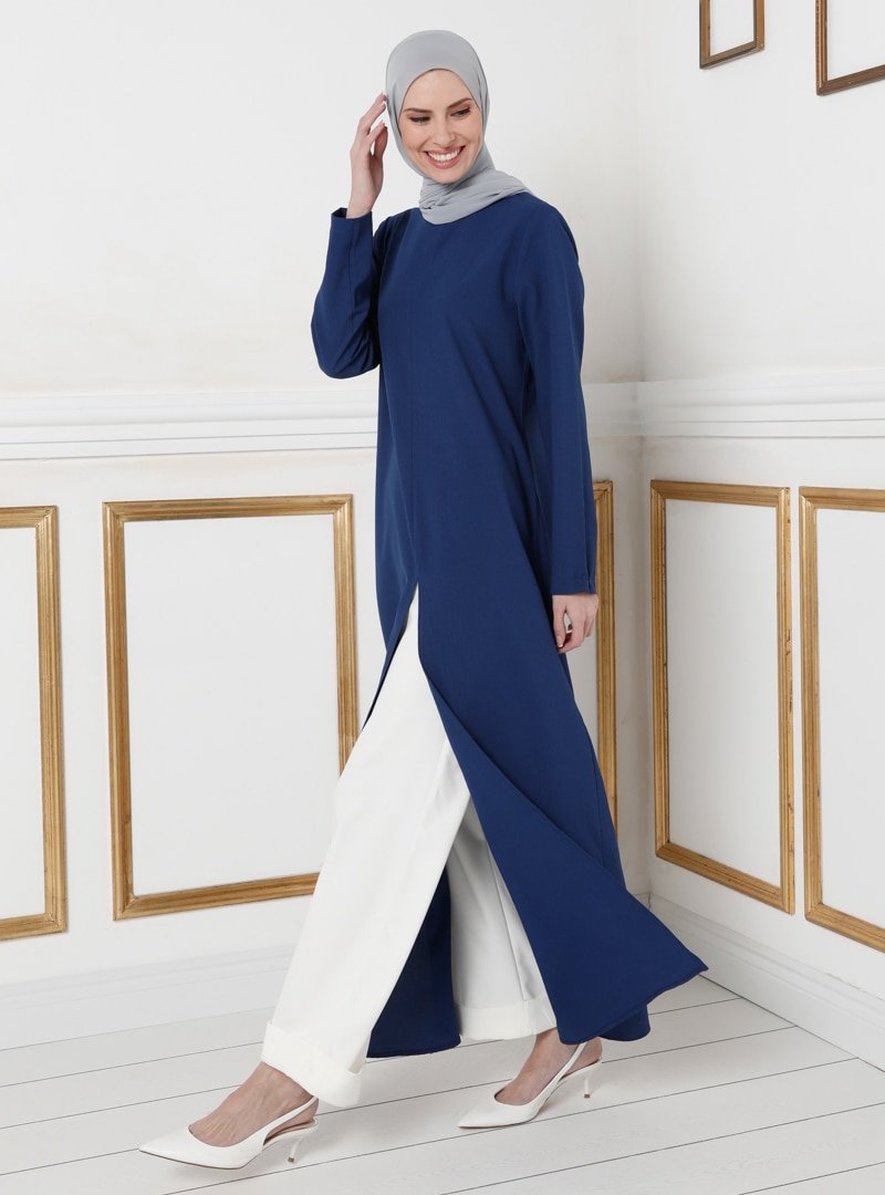 Tavin İndigo Önü Yırtmaçlı Tunik Elbise
