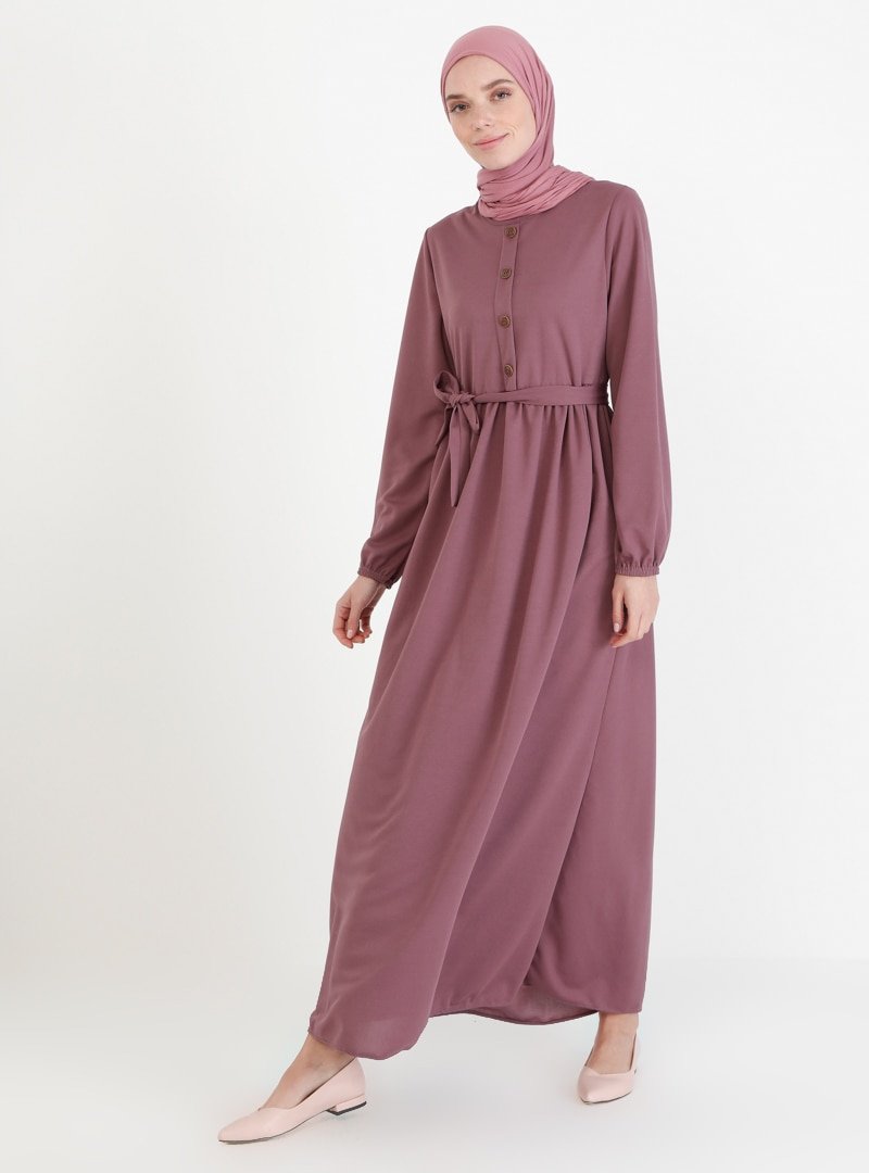 ECESUN Lila Düğme Detaylı Elbise