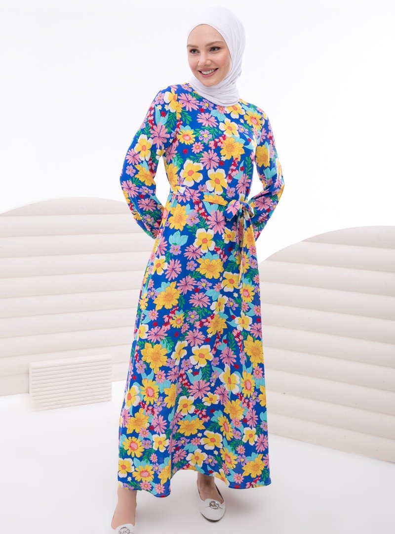 İnşirah Saks Kuşak Detaylı Papatya Desenli Elbise