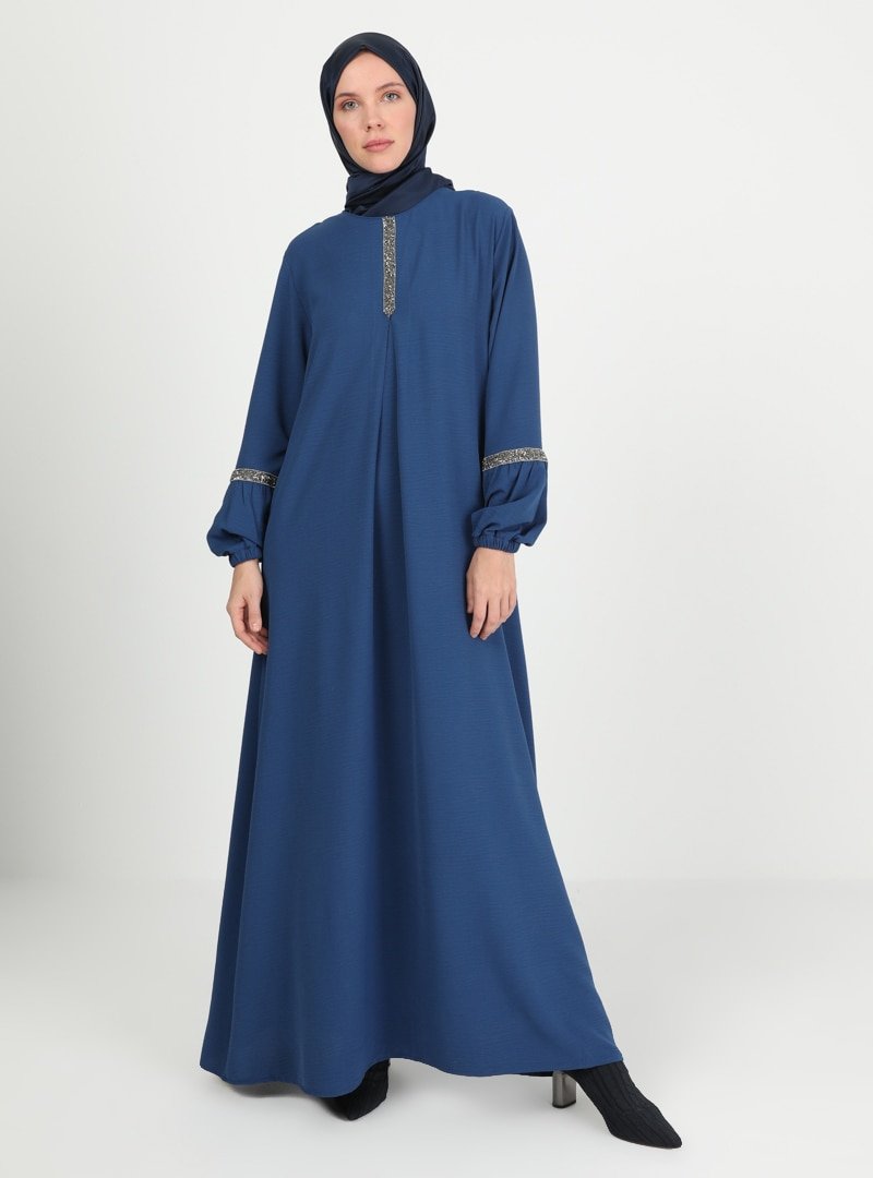 ŞAHİN FERACE Mavi İndigo Kol Uçları Lastikli Elbise