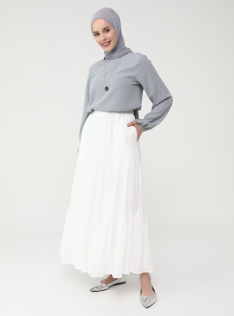 Refka Off White Beli Lastikli Kloş Maxi Etek